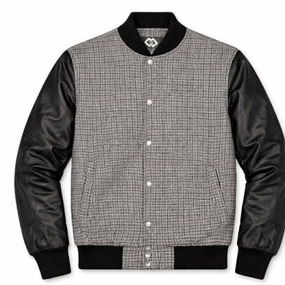Men’s Textured Grey & Leather Varsity Bomber Jacket - 