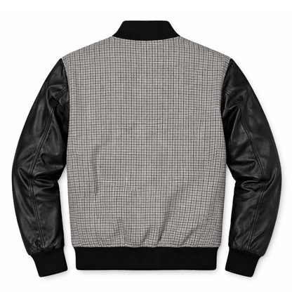 Men’s Textured Grey & Leather Varsity Bomber Jacket - 