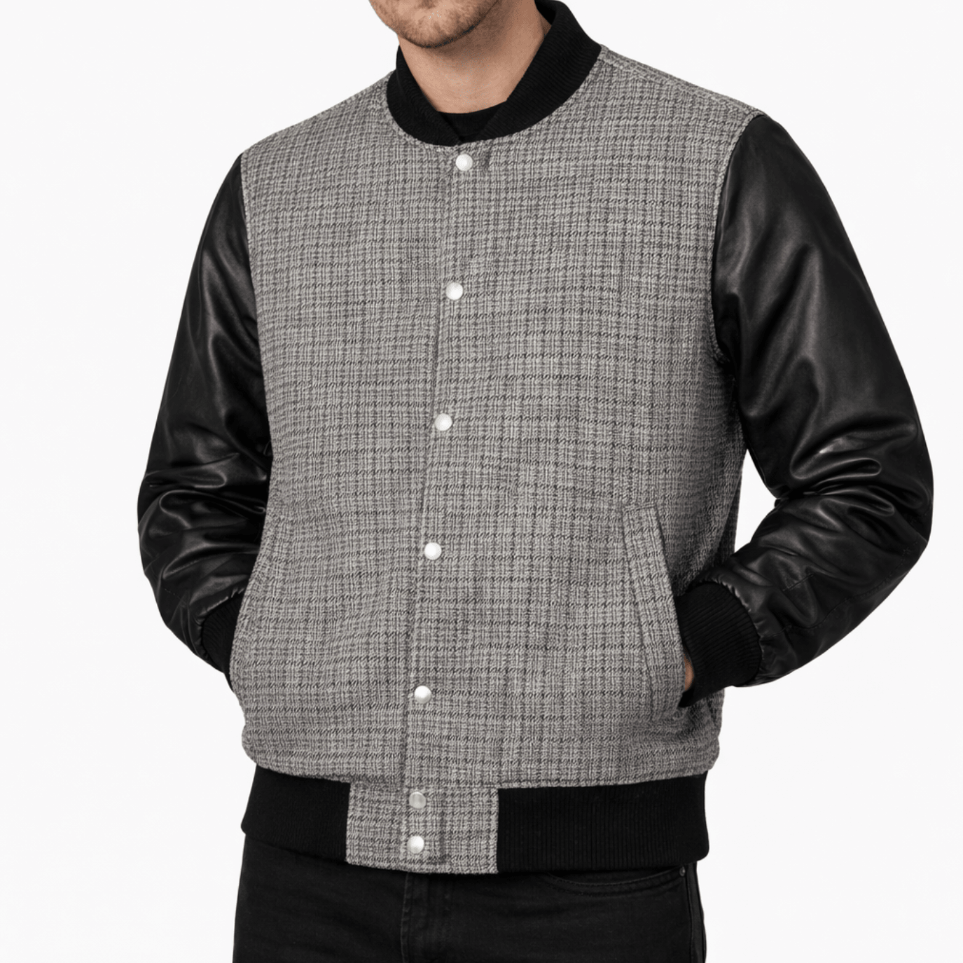 Men’s Textured Grey & Leather Varsity Bomber Jacket - 