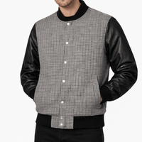 Men’s Textured Grey & Leather Varsity Bomber Jacket - 