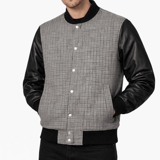 Men’s Textured Grey & Leather Varsity Bomber Jacket - 