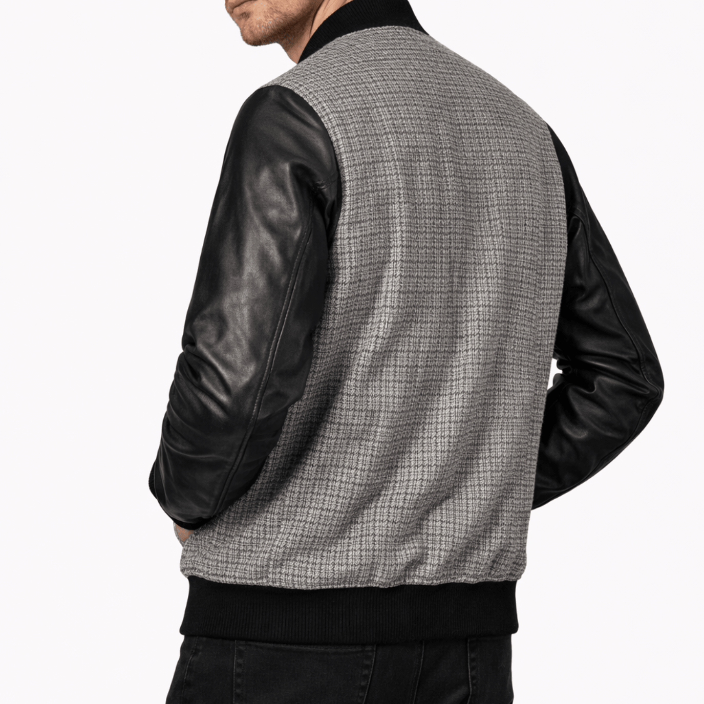 Men’s Textured Grey & Leather Varsity Bomber Jacket - 