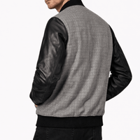 Men’s Textured Grey & Leather Varsity Bomber Jacket - 