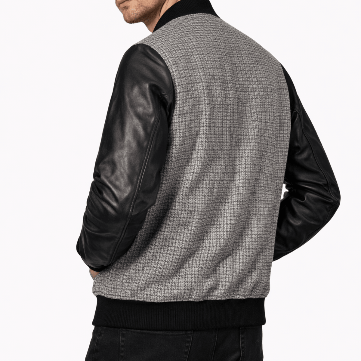 Men’s Textured Grey & Leather Varsity Bomber Jacket - 