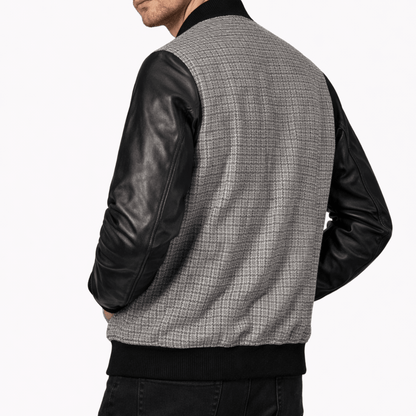 Men’s Textured Grey & Leather Varsity Bomber Jacket - 