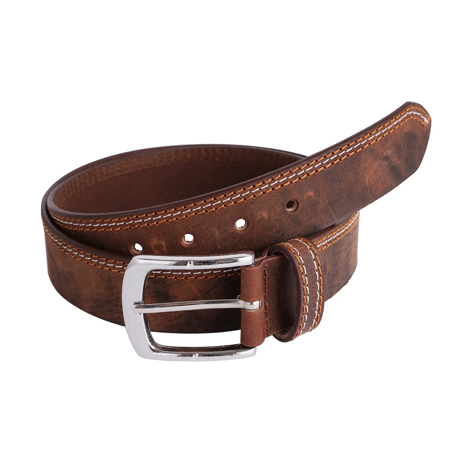 mens triple stich genuine leather belt - casual belt for suits & jeans, single prong buckle - 