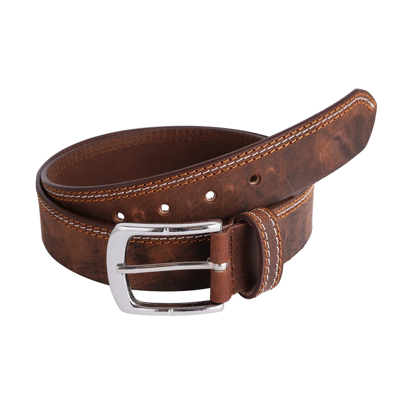 Mens Triple Stich Genuine Leather Belt - Casual Belt for Suits & Jeans, Single Prong Buckle - 