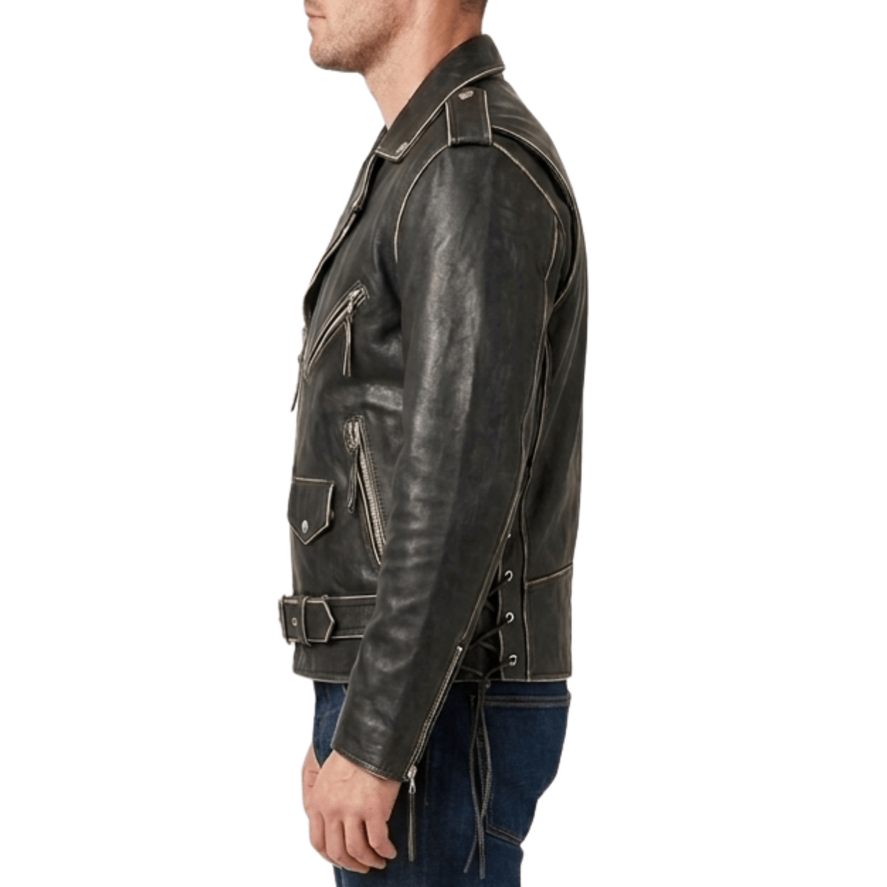 men’s vintage black leather brando biker jacket with belt - 