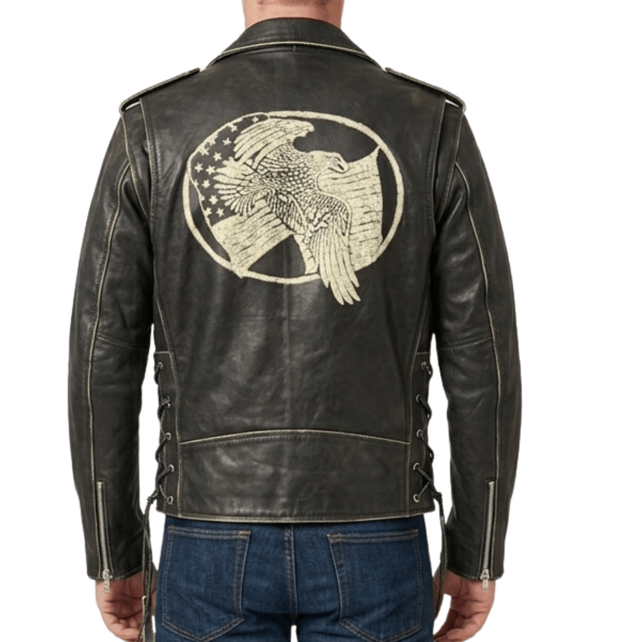 Men’s Vintage Black Leather Brando Biker Jacket with Belt - 