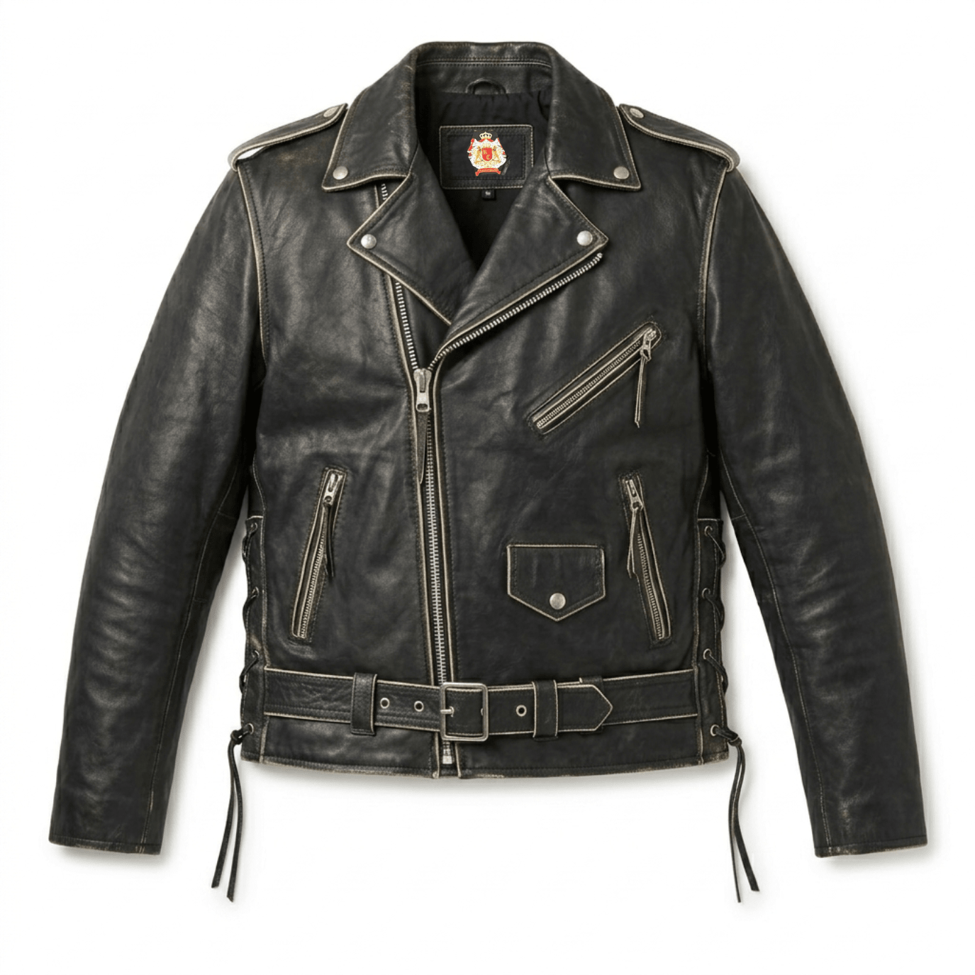 Men’s Vintage Black Leather Brando Biker Jacket with Belt - 