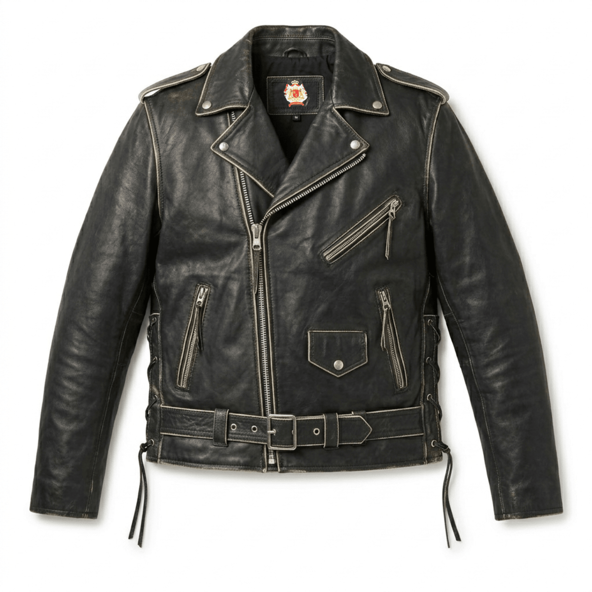 Men’s Vintage Black Leather Brando Biker Jacket with Belt - 