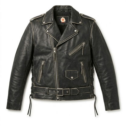 Men’s Vintage Black Leather Brando Biker Jacket with Belt - 