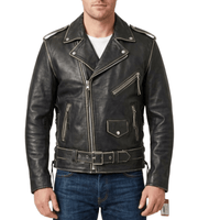 Men’s Vintage Black Leather Brando Biker Jacket with Belt - 