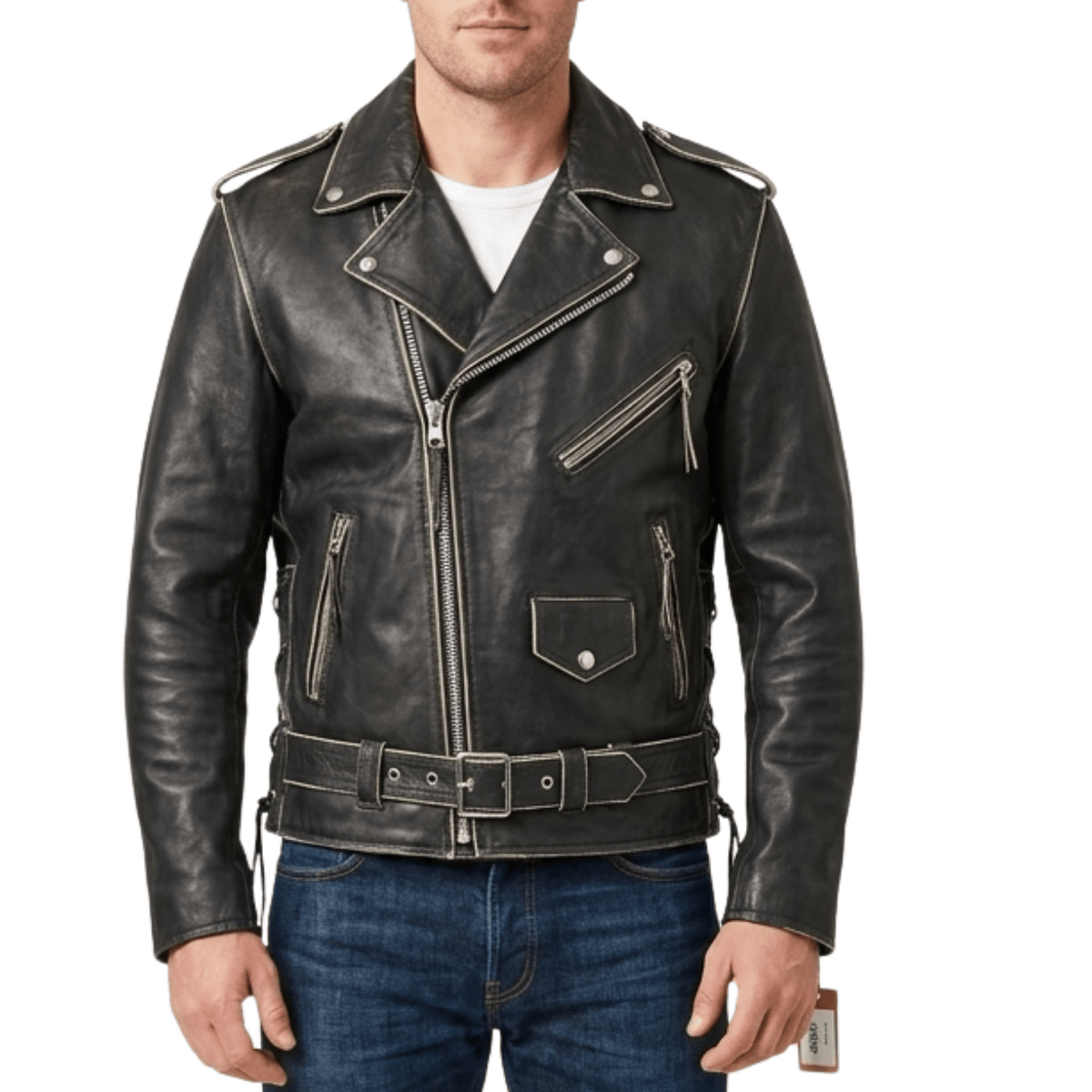 Men’s Vintage Black Leather Brando Biker Jacket with Belt - 