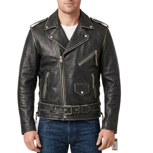 Men’s Vintage Black Leather Brando Biker Jacket with Belt - 