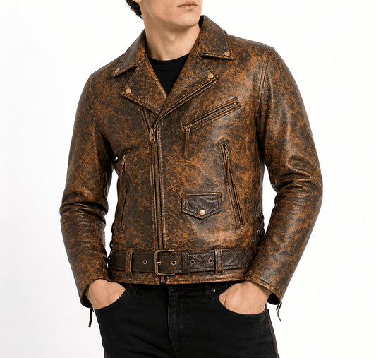 Men’s Vintage Brown Biker Leather Jacket Size M | Rugged Moto Style - 
