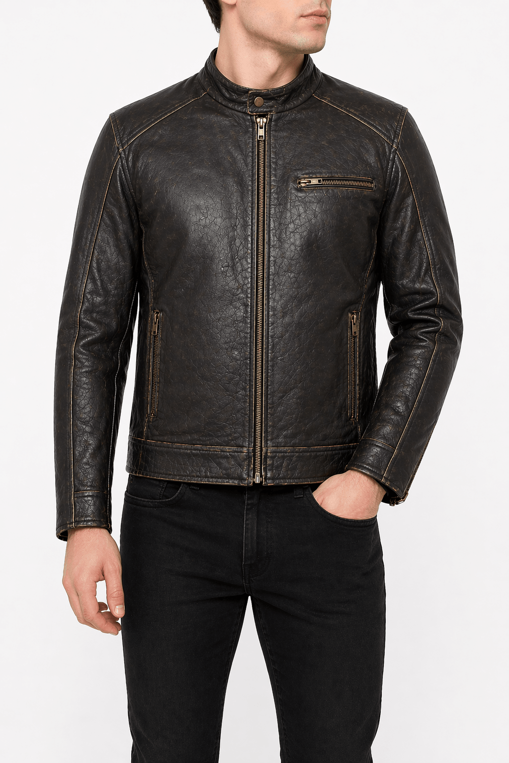 Men’s Vintage Brown Distressed Leather Biker Jacket Size M | Classic Café Racer - 