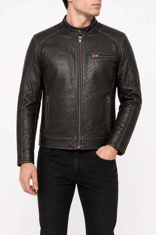 Men’s Vintage Brown Distressed Leather Biker Jacket Size M | Classic Café Racer - 