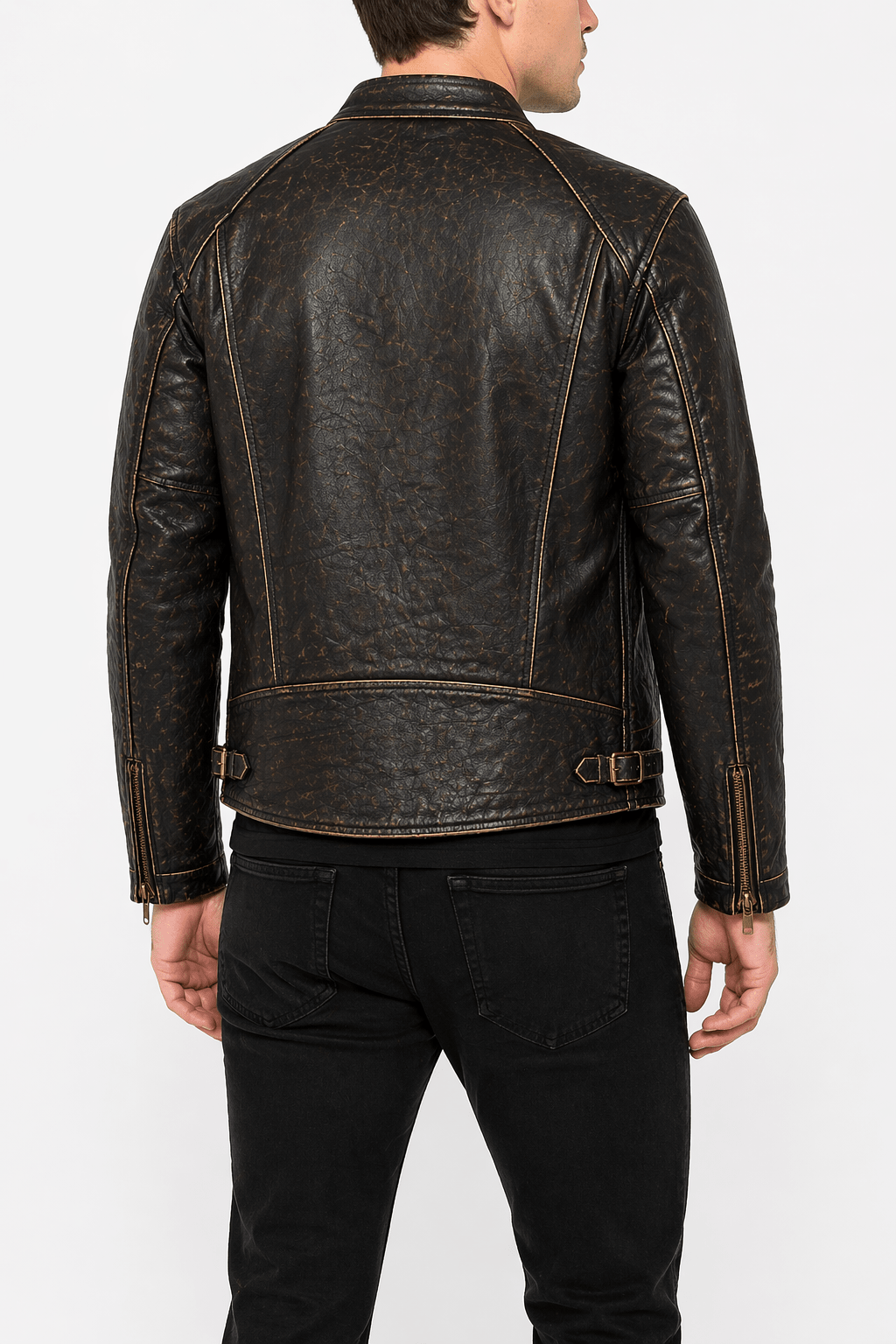 Men’s Vintage Brown Distressed Leather Biker Jacket Size M | Classic Café Racer - 