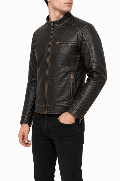 Men’s Vintage Brown Distressed Leather Biker Jacket Size M | Classic Café Racer - 