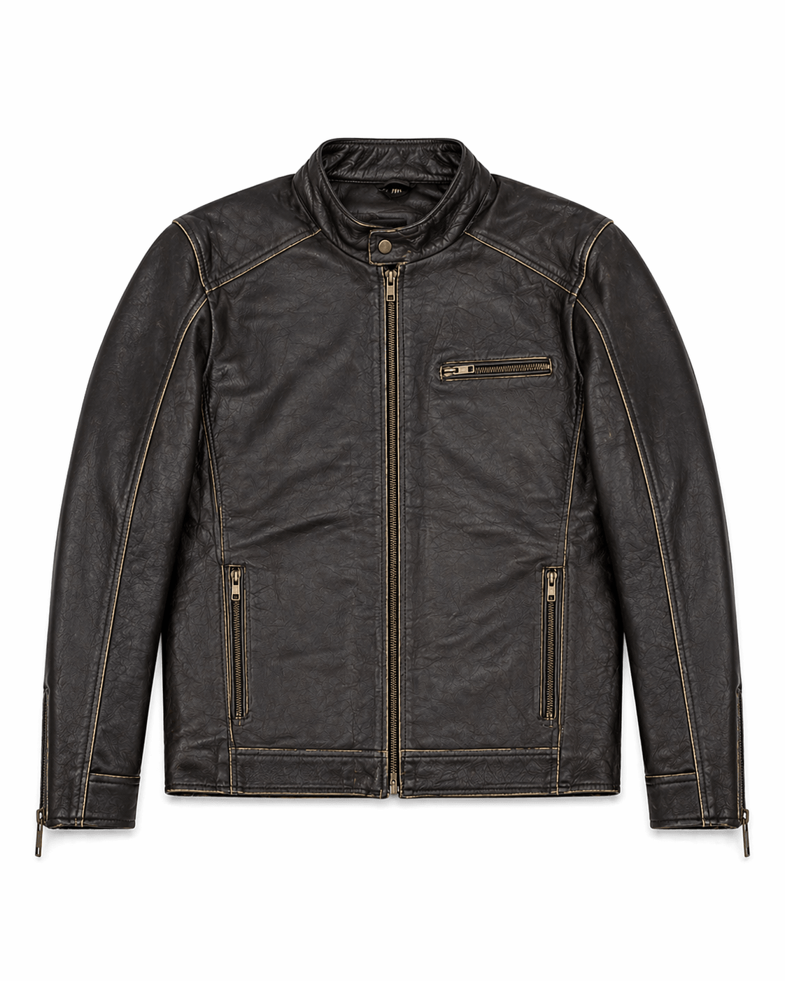 men’s vintage brown distressed leather biker jacket size m | classic café racer - 