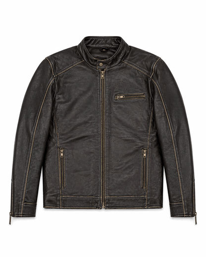 Men’s Vintage Brown Distressed Leather Biker Jacket Size M | Classic Café Racer - 