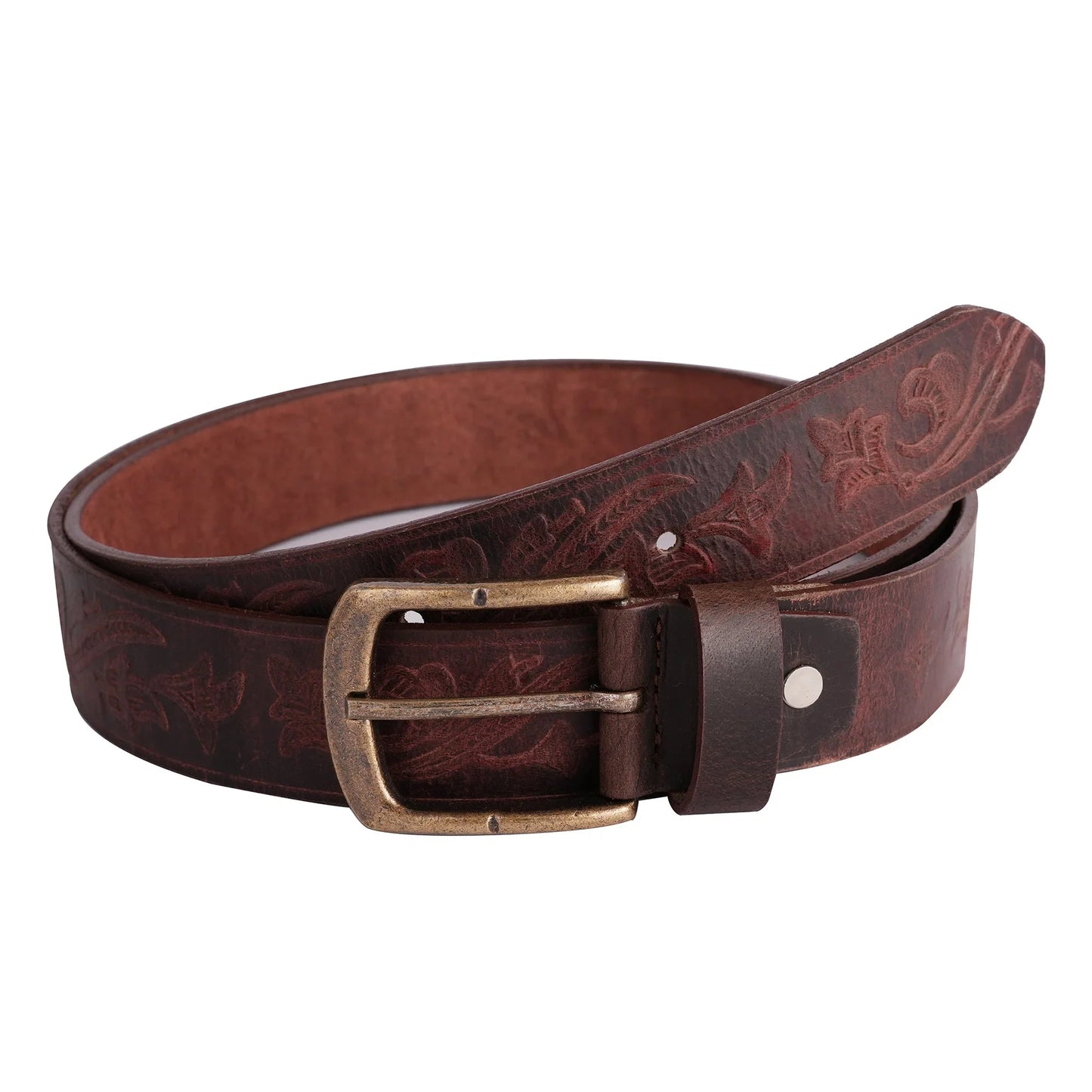 mens western floral embossed leather belt - casual belt for suits & jeans, single prong buckle - 