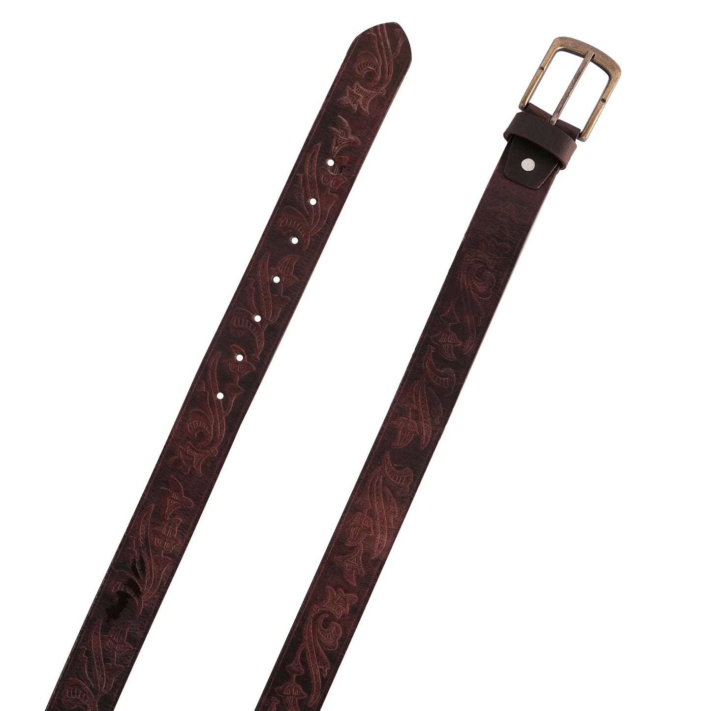 mens western floral embossed leather belt - casual belt for suits & jeans, single prong buckle - 