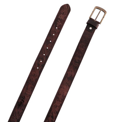 Mens Western Floral Embossed Leather Belt - Casual Belt for Suits & Jeans, Single Prong Buckle - 