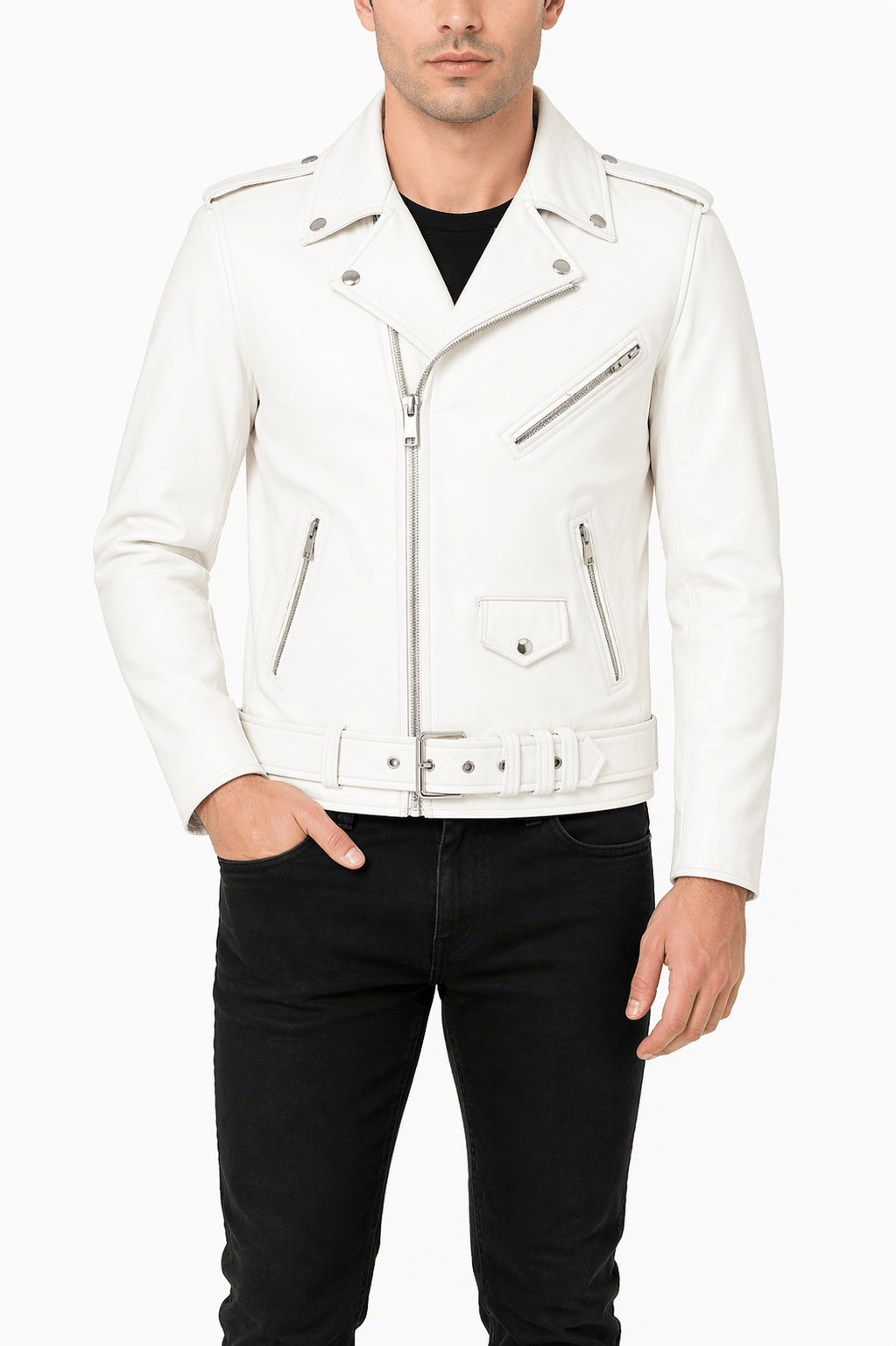 Men’s White Brando Leather Biker Jacket | Classic Moto Style - 