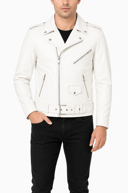 Men’s White Brando Leather Biker Jacket | Classic Moto Style - 