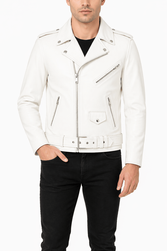 Men’s White Brando Leather Biker Jacket | Classic Moto Style - 