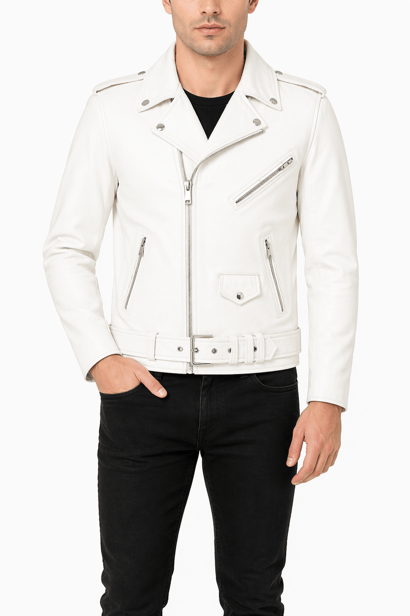 Men’s White Brando Leather Biker Jacket | Classic Moto Style - 