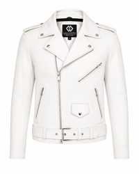 Men’s White Brando Leather Biker Jacket | Classic Moto Style - 