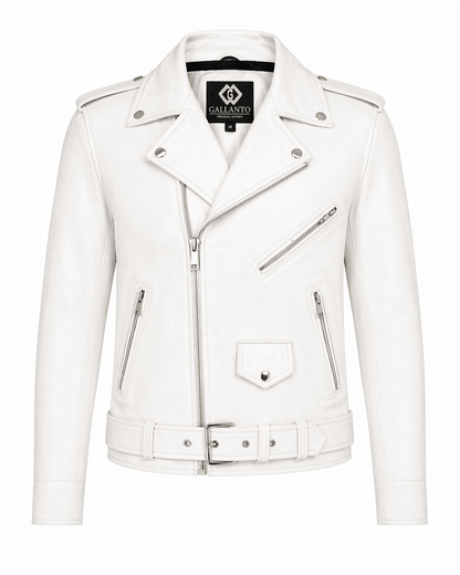 Men’s White Brando Leather Biker Jacket | Classic Moto Style - 