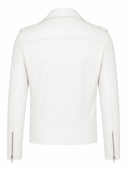 Men’s White Brando Leather Biker Jacket | Classic Moto Style - 