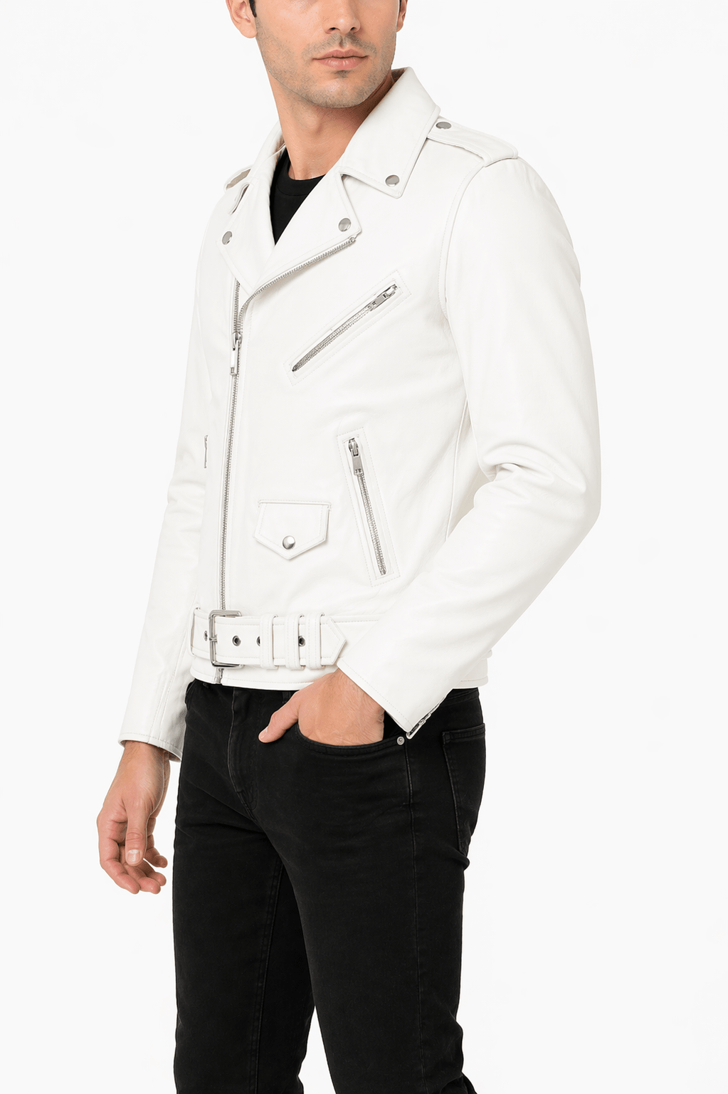 Men’s White Brando Leather Biker Jacket | Classic Moto Style - 