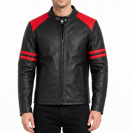 Men’s Premium Leather Biker Jacket Size XS | Black & Red Racing Edition