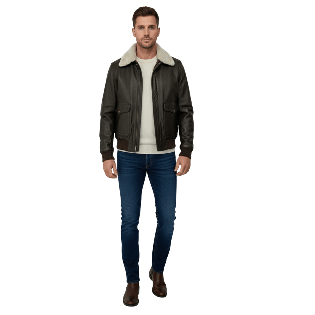 Premium Cowhide Aviator Leather Jacket with Removable Fur Collars - 