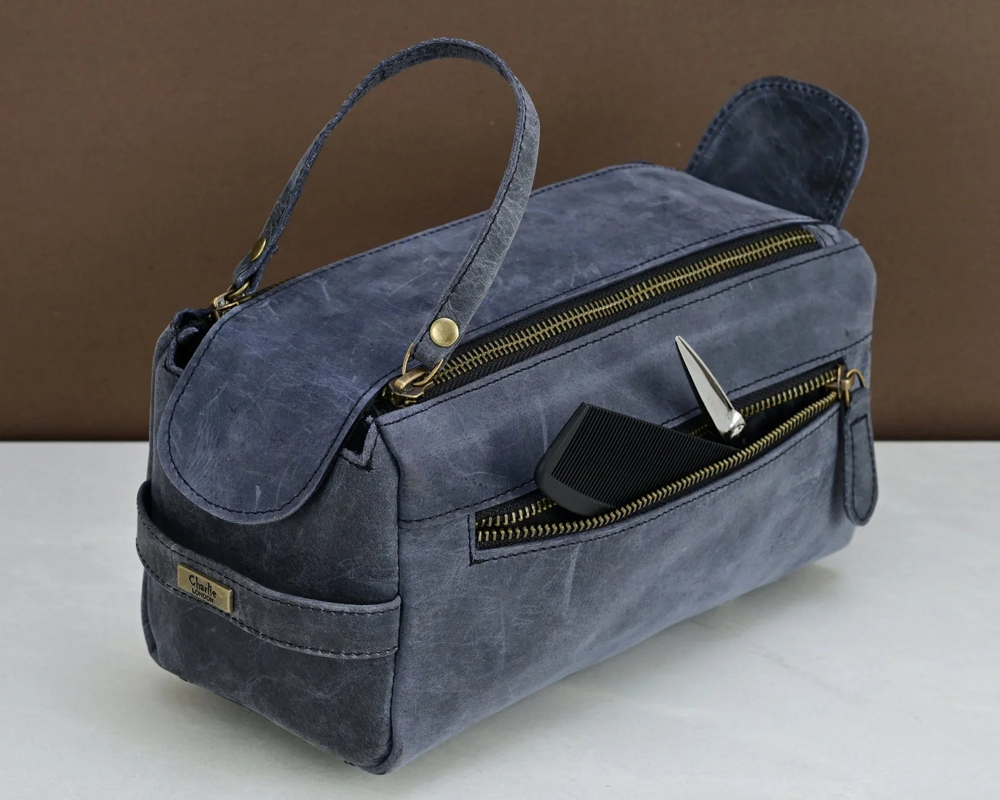premium cowhide leather toiletry bag travel dopp kit distressed blue - 