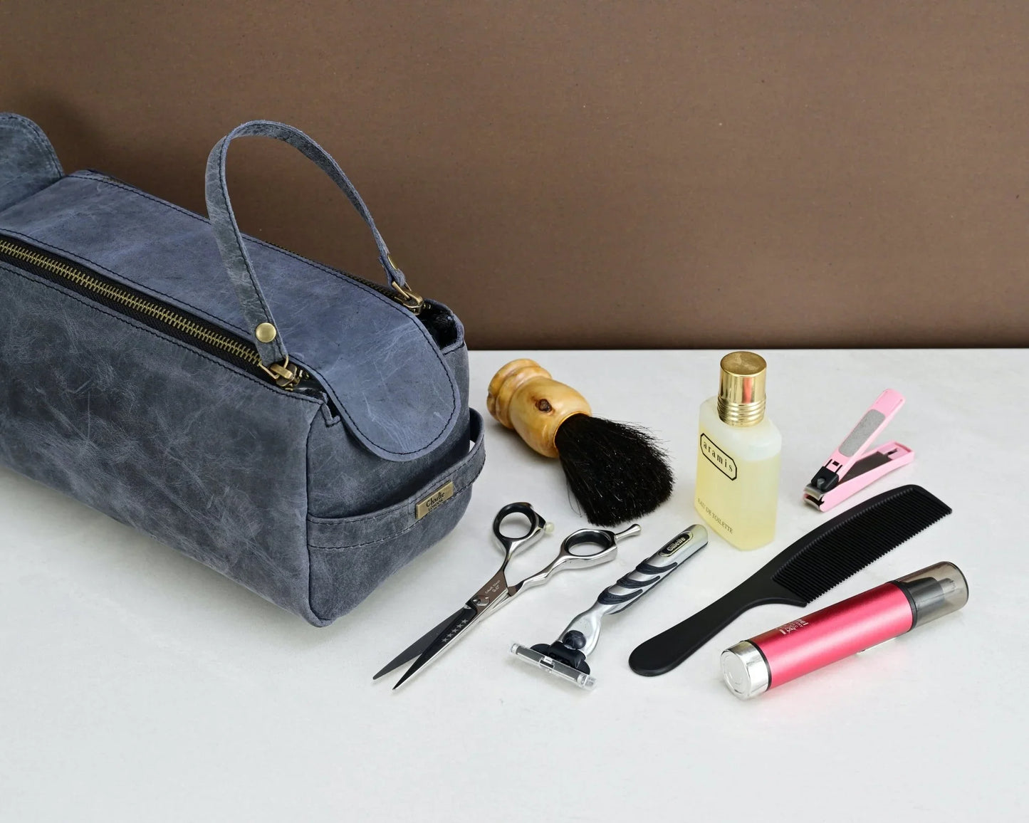 premium cowhide leather toiletry bag travel dopp kit distressed blue - 