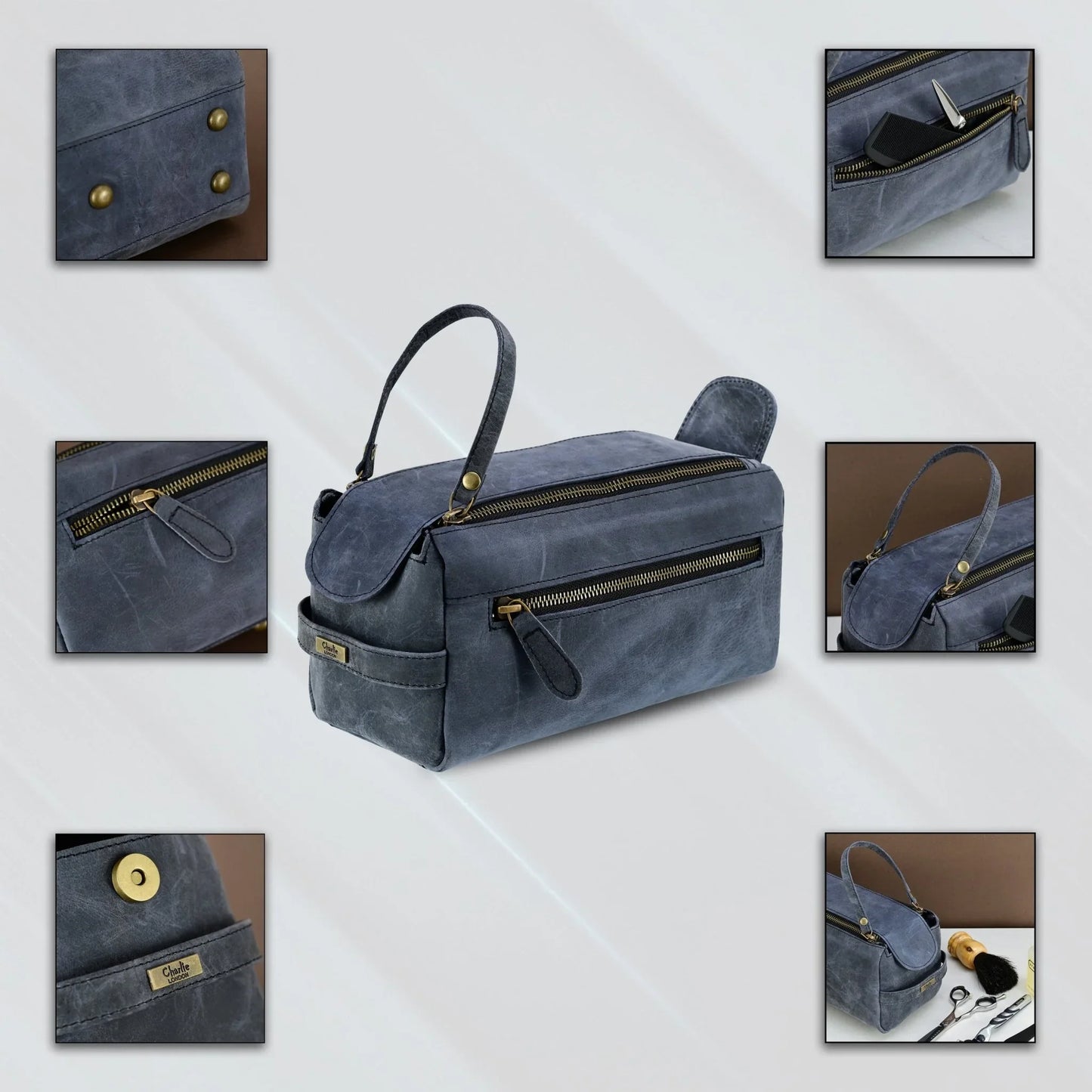premium cowhide leather toiletry bag travel dopp kit distressed blue - 