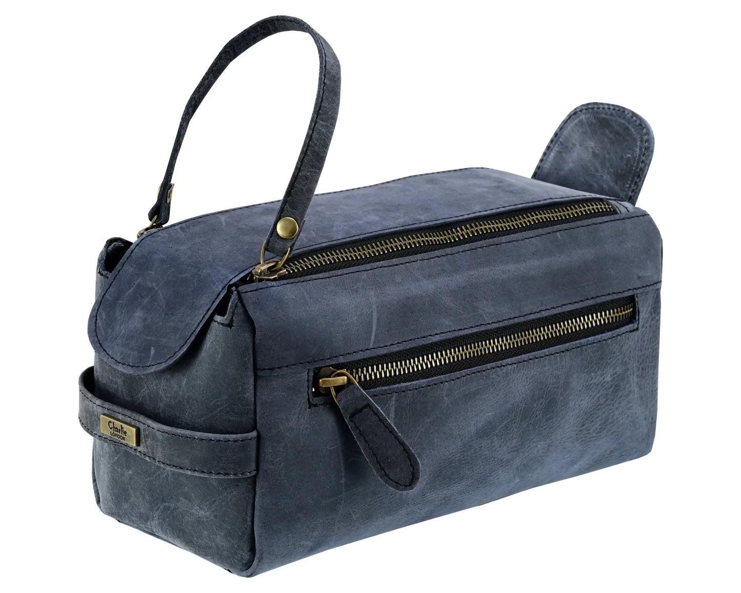 premium cowhide leather toiletry bag travel dopp kit distressed blue - 