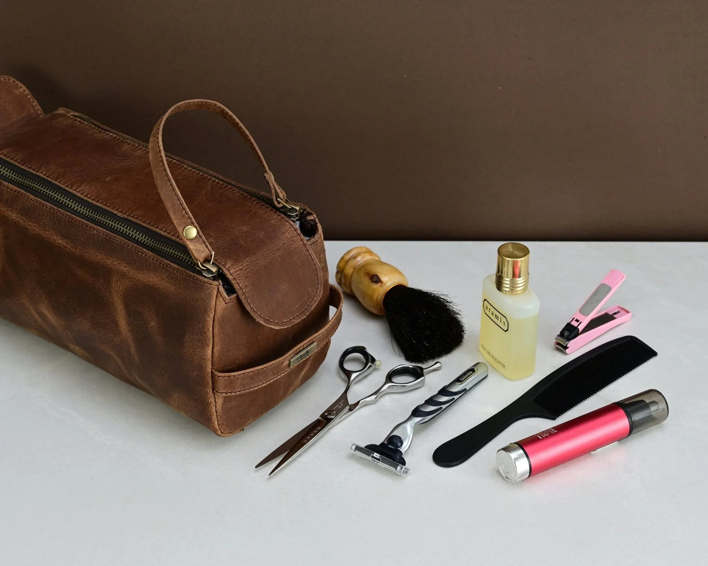 premium cowhide leather toiletry bag travel dopp kit distressed brown - 