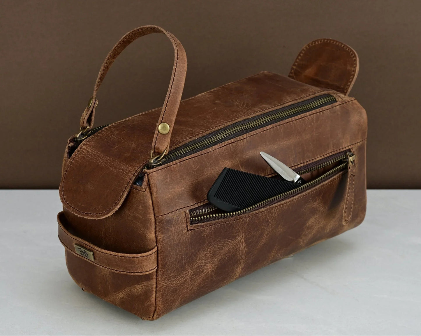 premium cowhide leather toiletry bag travel dopp kit distressed brown - 