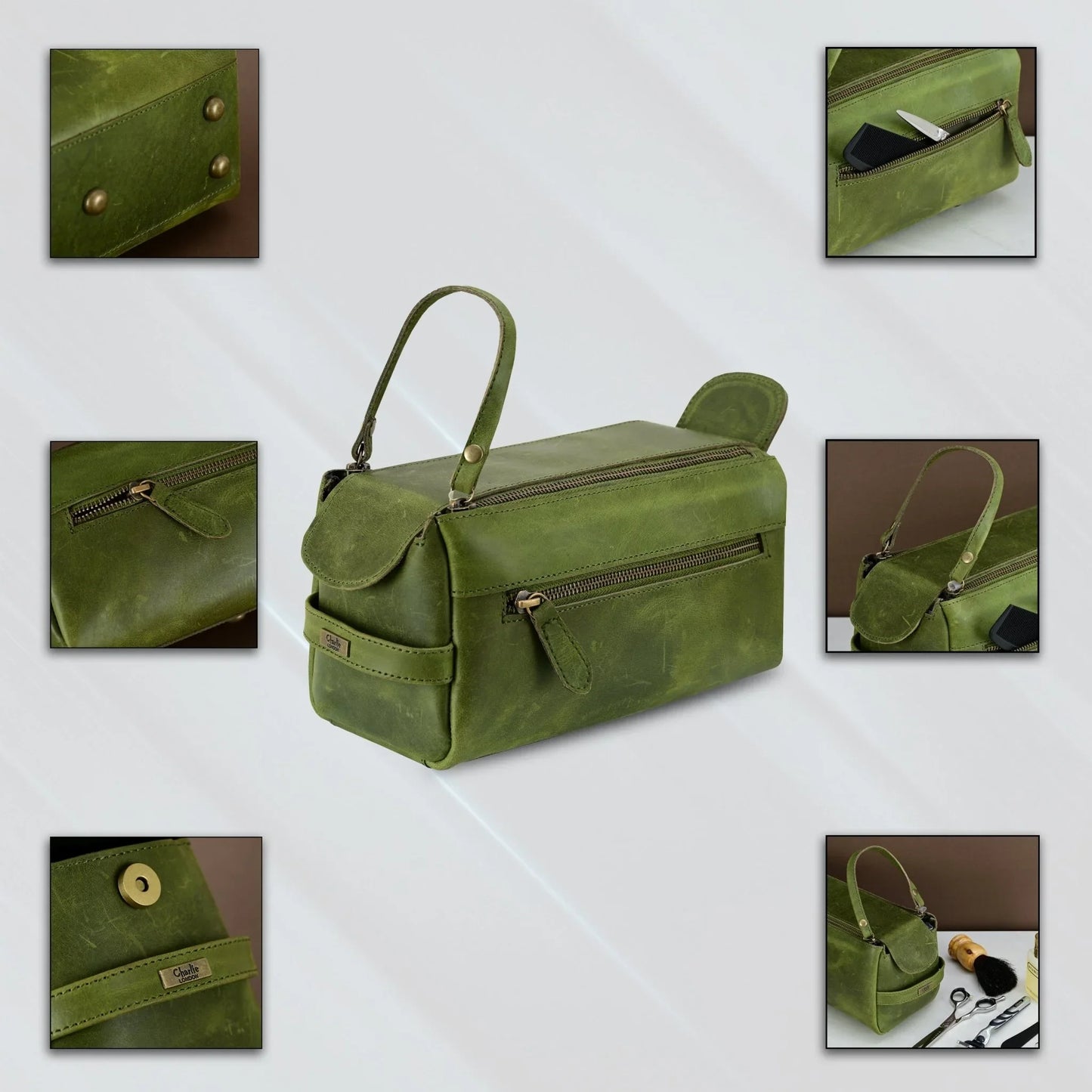 premium cowhide leather toiletry bag travel dopp kit distressed green - 