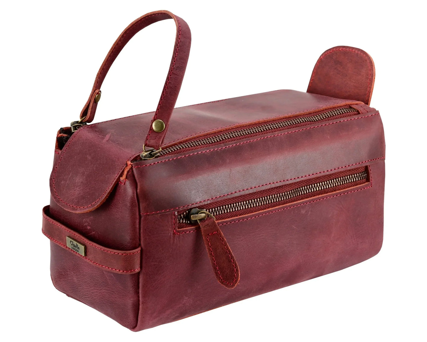 premium cowhide leather toiletry bag travel dopp kit distressed maroon - 