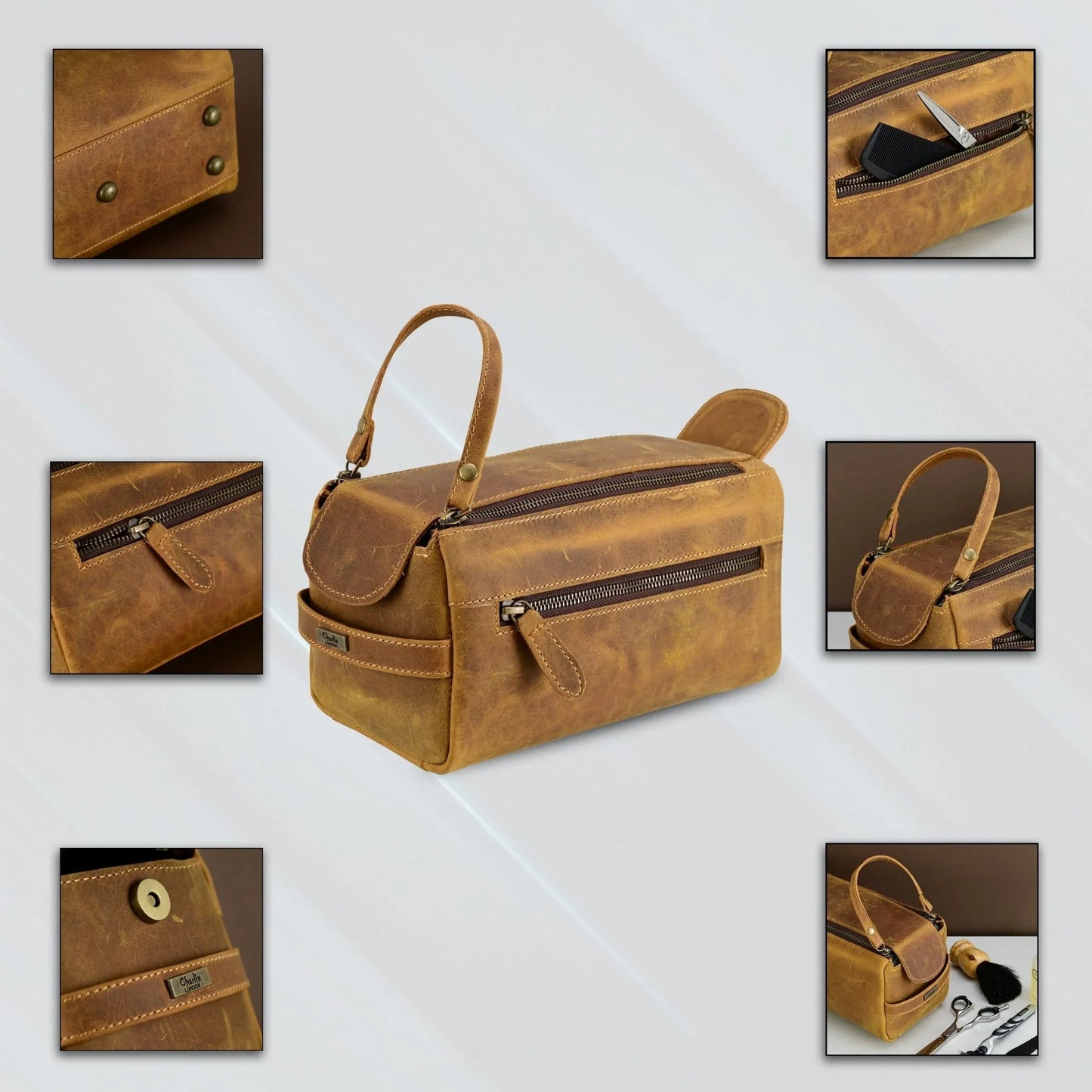 premium cowhide leather toiletry bag travel dopp kit distressed tan - 