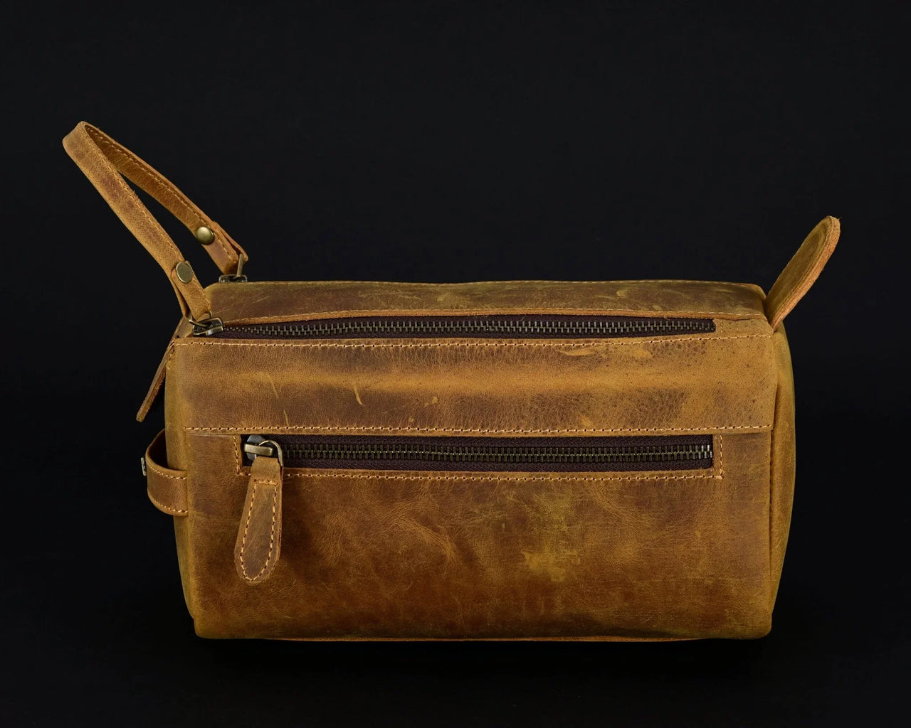 Premium Cowhide Leather Toiletry Bag Travel Dopp Kit Distressed Tan - 