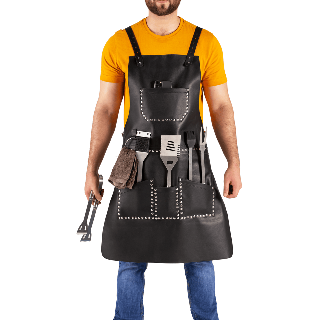 Real Leather Multi - Pocket Apron Butcher Apron - BBQ Apron - Cooking Apron - 